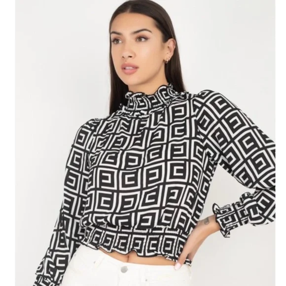 Geo black and white top with mock neck - Picture 9 of 9